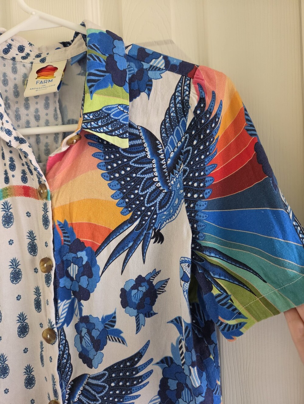 FARM Rio Surf Button Down Shirt Anthropologie Colorful Tropical Print Top XS - Picture 4 of 7